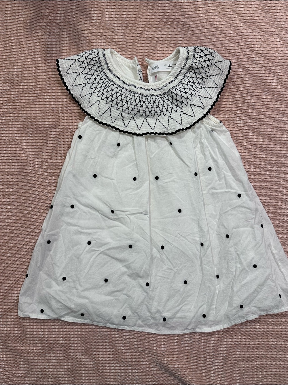 Zara White Dress with Black Smocked Collar and Polka Dots